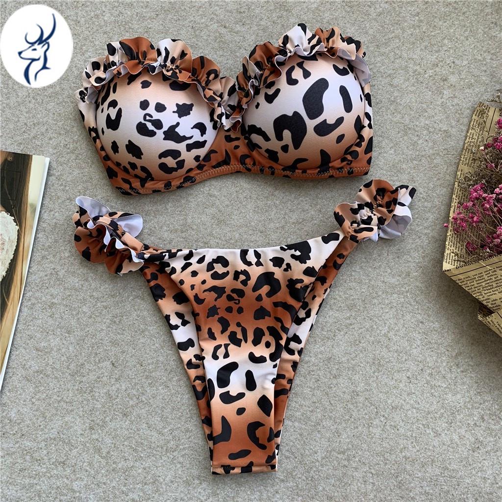 Seksi Bikini Seti Fırfırlı Kadın Leopar Baskılı Tankini Seti Brezilya