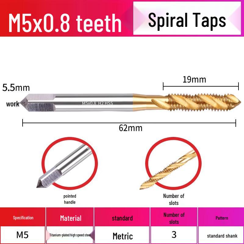Super Hard M5*0.8 Titanium-Plated Spiral Tap Drill Bit
Super Hard M5*0.8 Titanium-Plated Spiral Tap Drill Bit