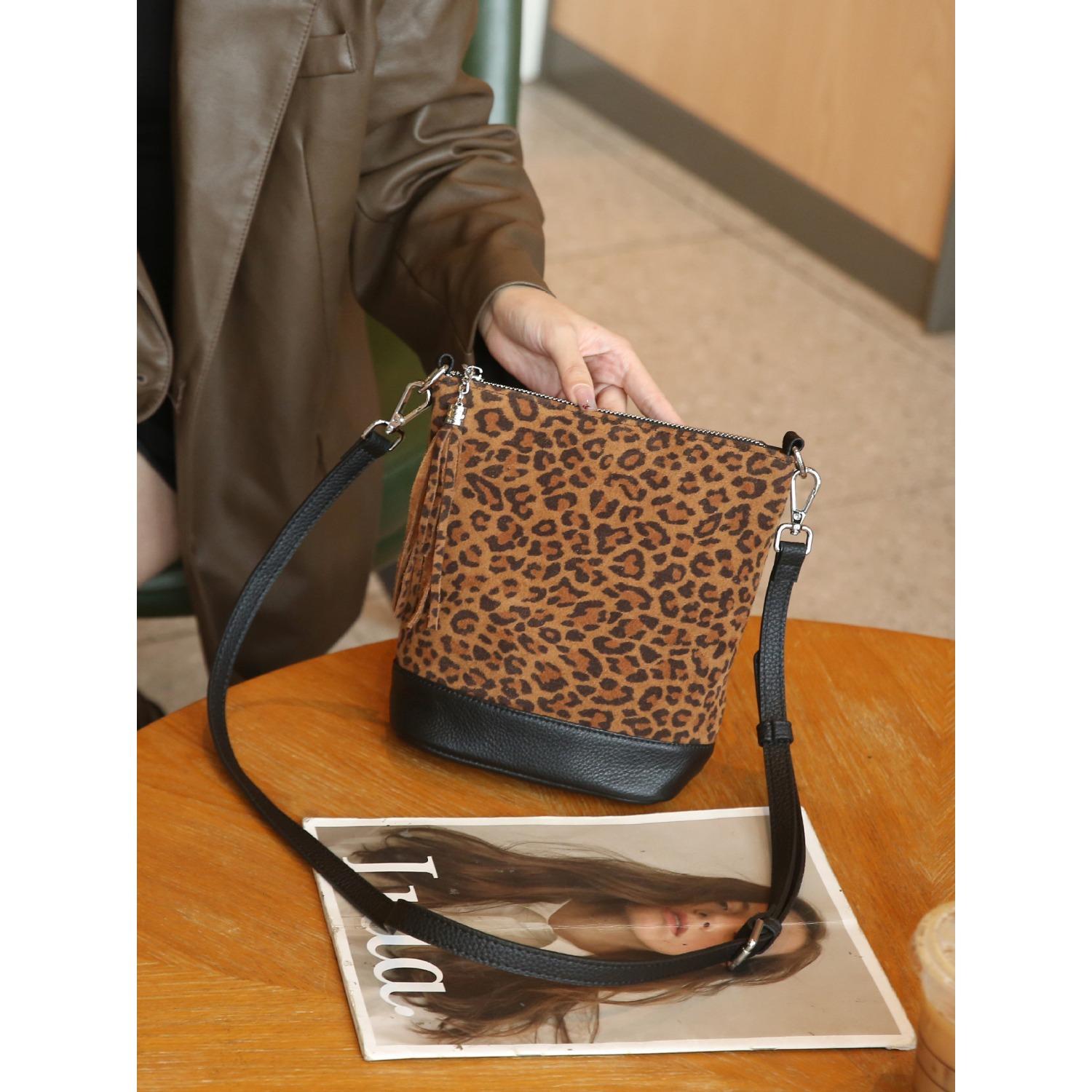 Матовая сумка-ведро из коровьей кожи, мягкая, высокого класса, нишевая, популярная, модная, на плечо, кроссбоди, практичная, из мягкой кожи леопардовый