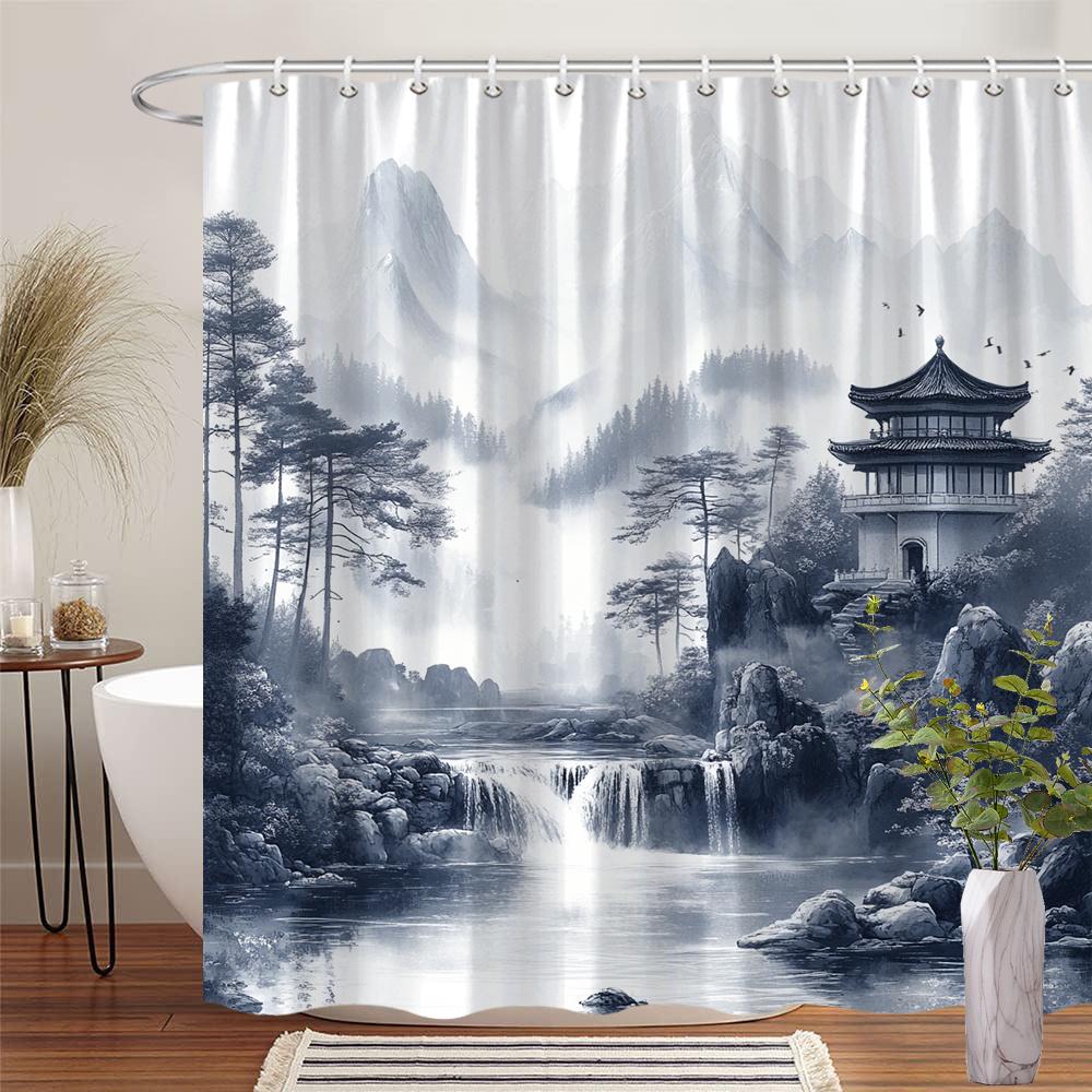 Mountain Landscape Shower Curtain - Monochromatic Design With Chinese Pavilion, Waterfalls & Foggy Mountains, Polyester W60H190(CM)-1 Pcs
Mountain Landscape Shower Curtain - Monochromatic Design With Chinese Pavilion, Waterfalls & Foggy Mountains, Polyester W60H190(CM)-1 Pcs