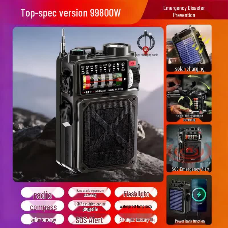 Multi-function Emergency Radio Flashlight Radio/Lighting/Bluetooth Speaker Solar Charging
Multi-function Emergency Radio Flashlight Radio/Lighting/Bluetooth Speaker Solar Charging