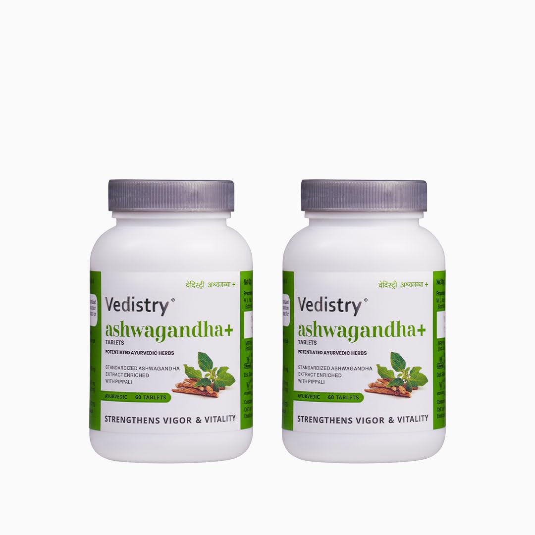 Vedistry Ashwagandha+ Tablets | Boosts energy & strength | Ayurvedic Herbal Tablets | Improve Vigor & Vitality - 60 Tablets | Pack of 2
Vedistry Ashwagandha+ Tablets | Boosts energy & strength | Ayurvedic Herbal Tablets | Improve Vigor & Vitality - 60 Tablets | Pack of 2