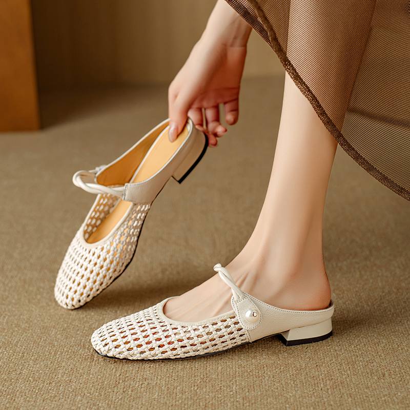 Krazing Pot Микрофибра Мюли Плетение Лето Размер 41 Низкий каблук Жемчужная отделка Вечерняя обувь Женщины Квадратный носок Гладиатор Полые туфли-лодочки 41 слоновая кость