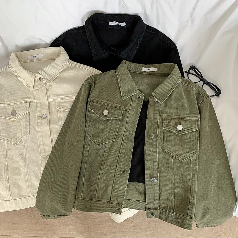 Винтажное женское короткое джинсовое пальто, однотонные свободные повседневные куртки с длинным рукавом, однобортная женская верхняя одежда с отложным воротником, весенне-осенний джинсовый кардиган 
Винтажное женское короткое джинсовое пальто, однотонные свободные повседневные куртки с длинным рукавом, однобортная женская верхняя одежда с отложным воротником, весенне-осенний джинсовый кардиган