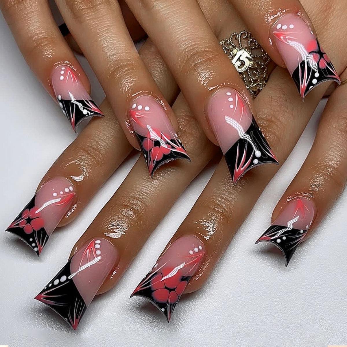 Spring Black Duckbill Press-On Nails: Diagonal French Edge with Floral Print, Removable False Nails
Spring Black Duckbill Press-On Nails: Diagonal French Edge with Floral Print, Removable False Nails