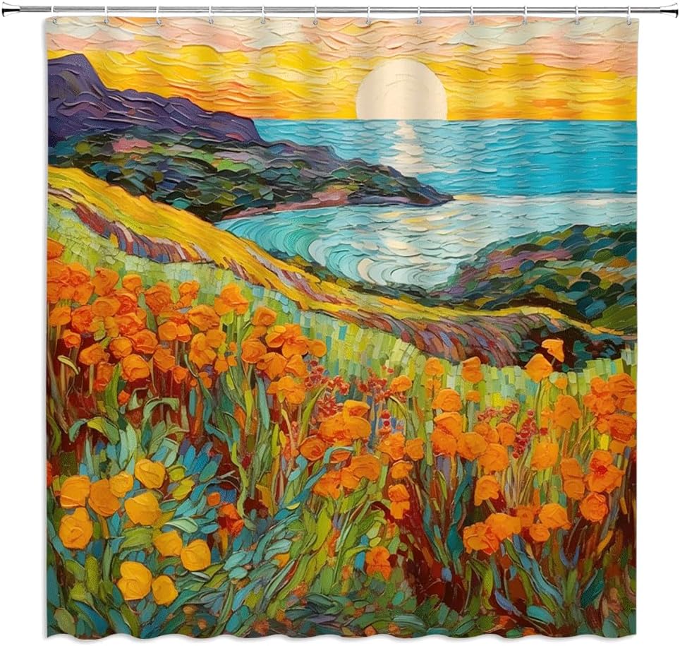 Orange Flower Shower Curtain Oil Painting Style Sunset Ocean View Green Leaf Mountain Art Bathroom Decor Hooks W60H190(CM)-1 Pcs
Orange Flower Shower Curtain Oil Painting Style Sunset Ocean View Green Leaf Mountain Art Bathroom Decor Hooks W60H190(CM)-1 Pcs
