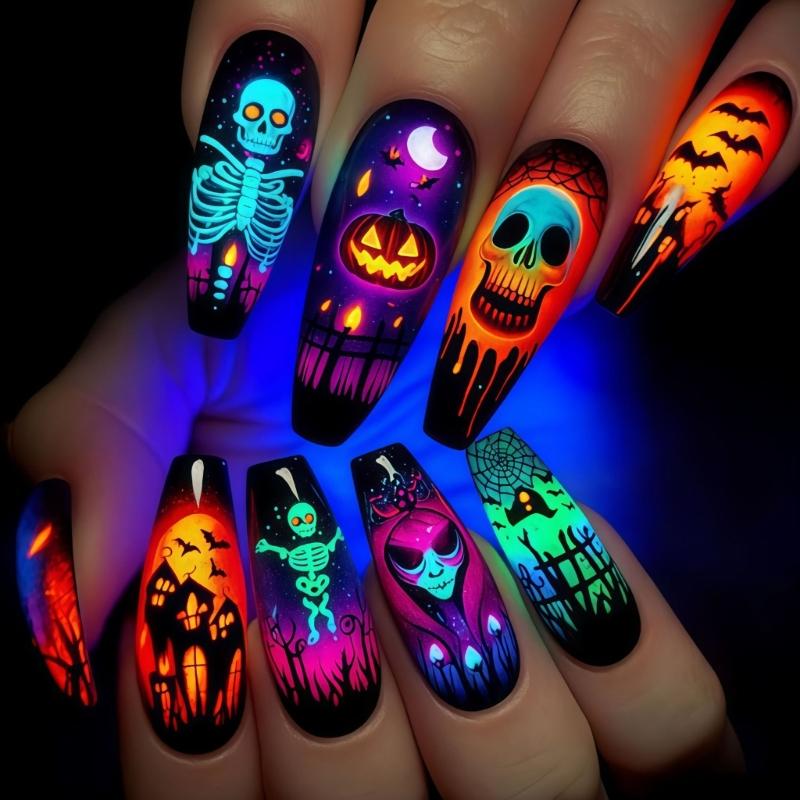 24 шт. Хелловінські накладні нігті з моторошними скелетами, гарбузами та кажанами у сяючому дизайні середньої форми «труна» 1
24 шт. Хелловінські накладні нігті з моторошними скелетами, гарбузами та кажанами у сяючому дизайні середньої форми «труна» 1