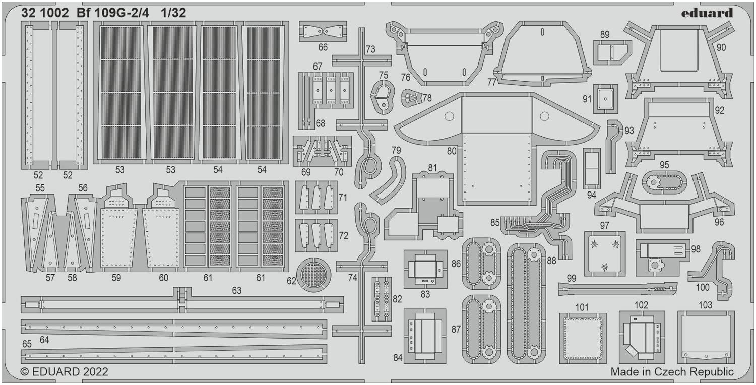 Eduard Messerschmitt parts пластиковые детали модели EDU321002 1/32 Bf109G-2/4 фототравление (для Ревелла)
Eduard Messerschmitt parts пластиковые детали модели EDU321002 1/32 Bf109G-2/4 фототравление (для Ревелла)