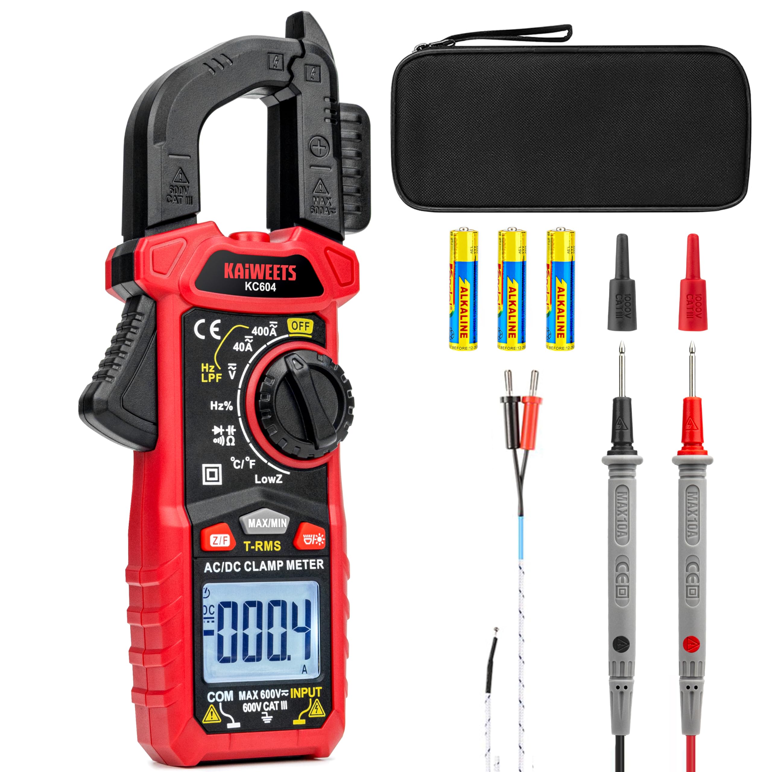 KAIWEETS Clamp Meter 4000 Counts D Type Jaw Current Voltage LowZ LPF NCV Continuity Capacitance Resistance Temperature Frequency with Diode
KAIWEETS Clamp Meter 4000 Counts D Type Jaw Current Voltage LowZ LPF NCV Continuity Capacitance Resistance Temperature Frequency with Diode
