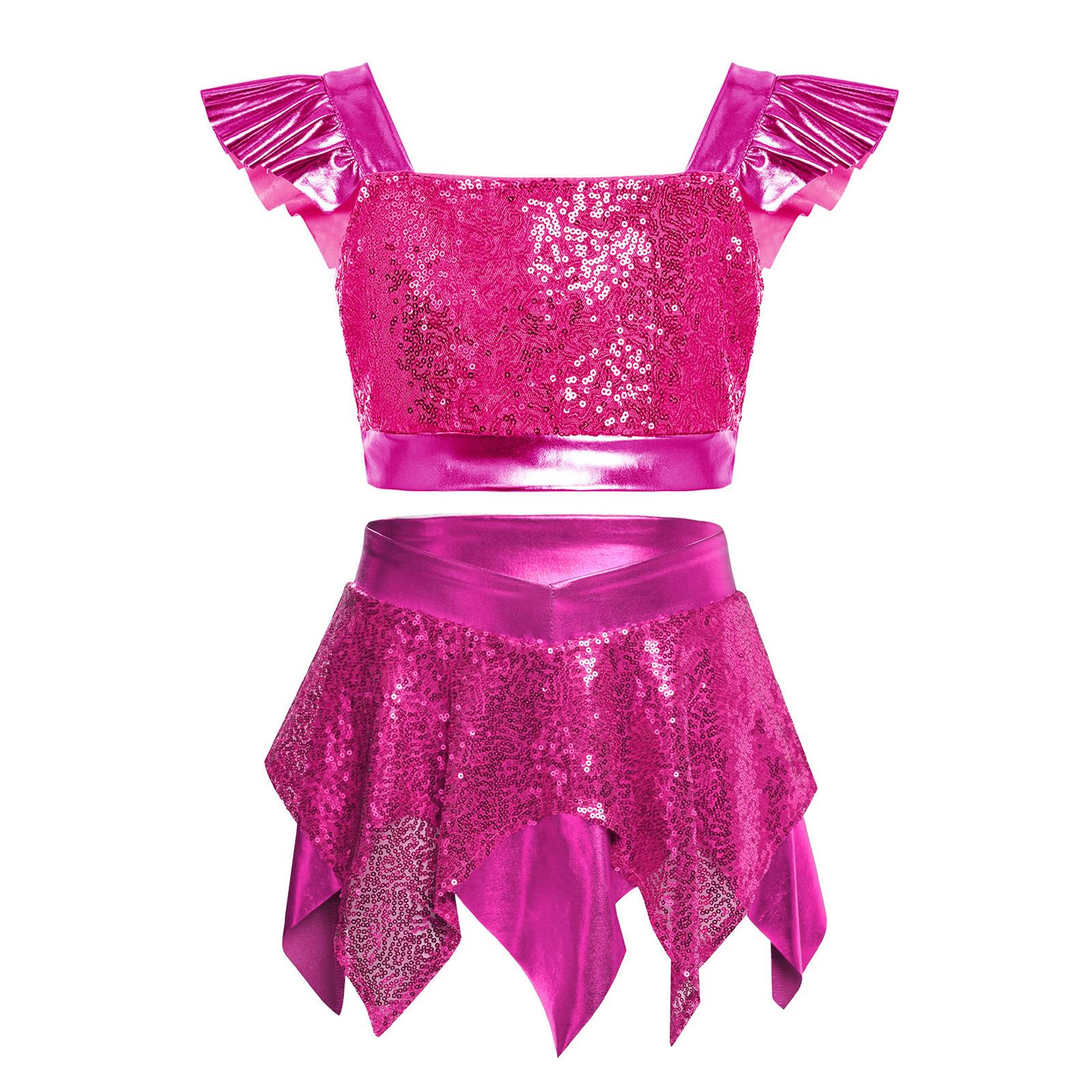 Girls Sequin Crop Top Square Collar Ruffled Sleeves Metallic Asymmetrical Skirt Jazz Performance Outfit 5-6 Years гарячі рожевого кольору
Girls Sequin Crop Top Square Collar Ruffled Sleeves Metallic Asymmetrical Skirt Jazz Performance Outfit 5-6 Years гарячі рожевого кольору
