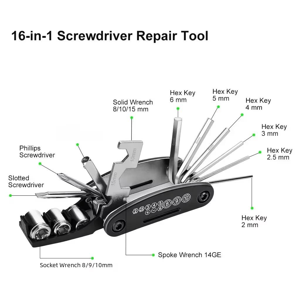 16 in 1 Bike Tool,Multi Wrench,Pump Tire Patch,Repair Tool Kit for Mountainbike E-bike Bicycle,Hex Spoke Cycle Screwdriver Tool чорний
16 in 1 Bike Tool,Multi Wrench,Pump Tire Patch,Repair Tool Kit for Mountainbike E-bike Bicycle,Hex Spoke Cycle Screwdriver Tool чорний