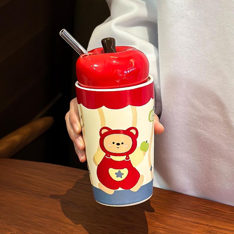 Керамическая кружка Медведь Красное Яблоко Высокоточная Милая Большая Вместимость Чашка для Воды Женский Праздничный Подарок Кружка с Соломинкой 330ML