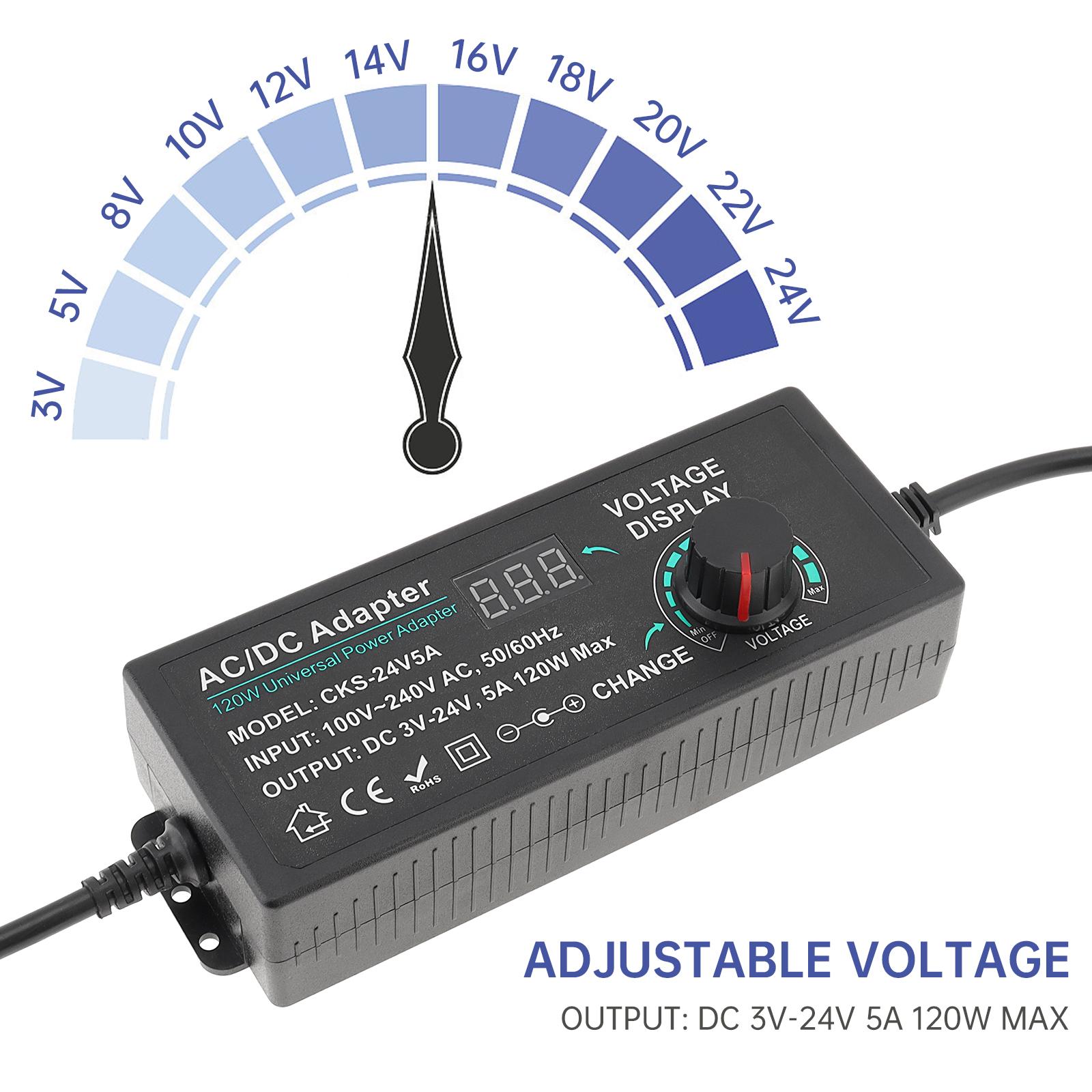 Adjustable Power Supply Adapter 72W 120W 5A Variable Switching Power Adapter 100V-240V AC to DC 3V-24V Converter Transformer 72W EU Plug
Adjustable Power Supply Adapter 72W 120W 5A Variable Switching Power Adapter 100V-240V AC to DC 3V-24V Converter Transformer 72W EU Plug