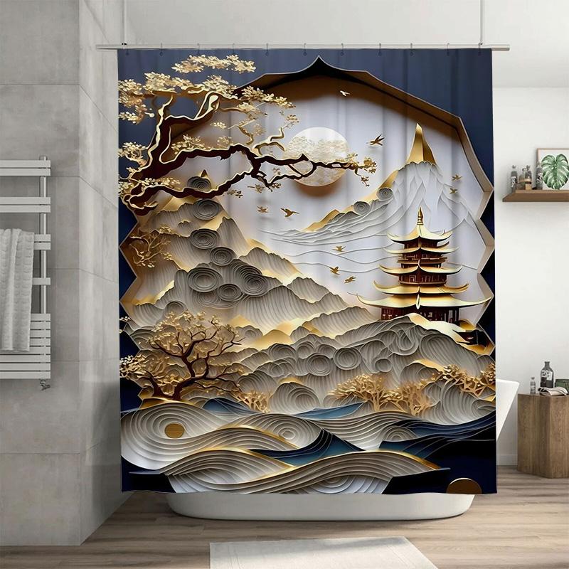 Paper Mache Shower Curtain With Golden Asian Landscape Design For Bathroom Decoration Waterfall Wall Art Decorative Printing Wat W60H190(CM)-1 Pcs
Paper Mache Shower Curtain With Golden Asian Landscape Design For Bathroom Decoration Waterfall Wall Art Decorative Printing Wat W60H190(CM)-1 Pcs