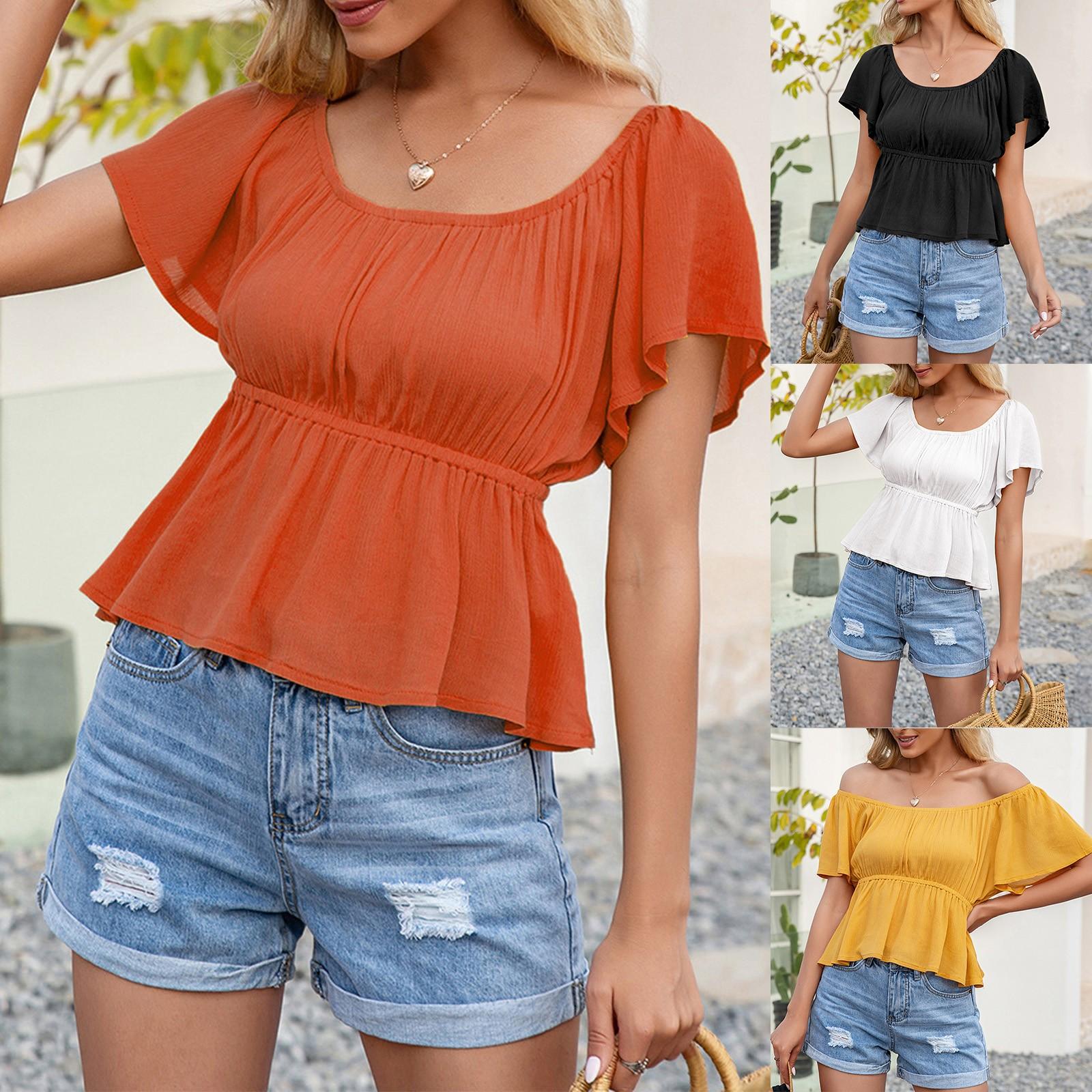 Модный женский однотонный свободный топ с короткими рукавами и рюшами
Модный женский однотонный свободный топ с короткими рукавами и рюшами