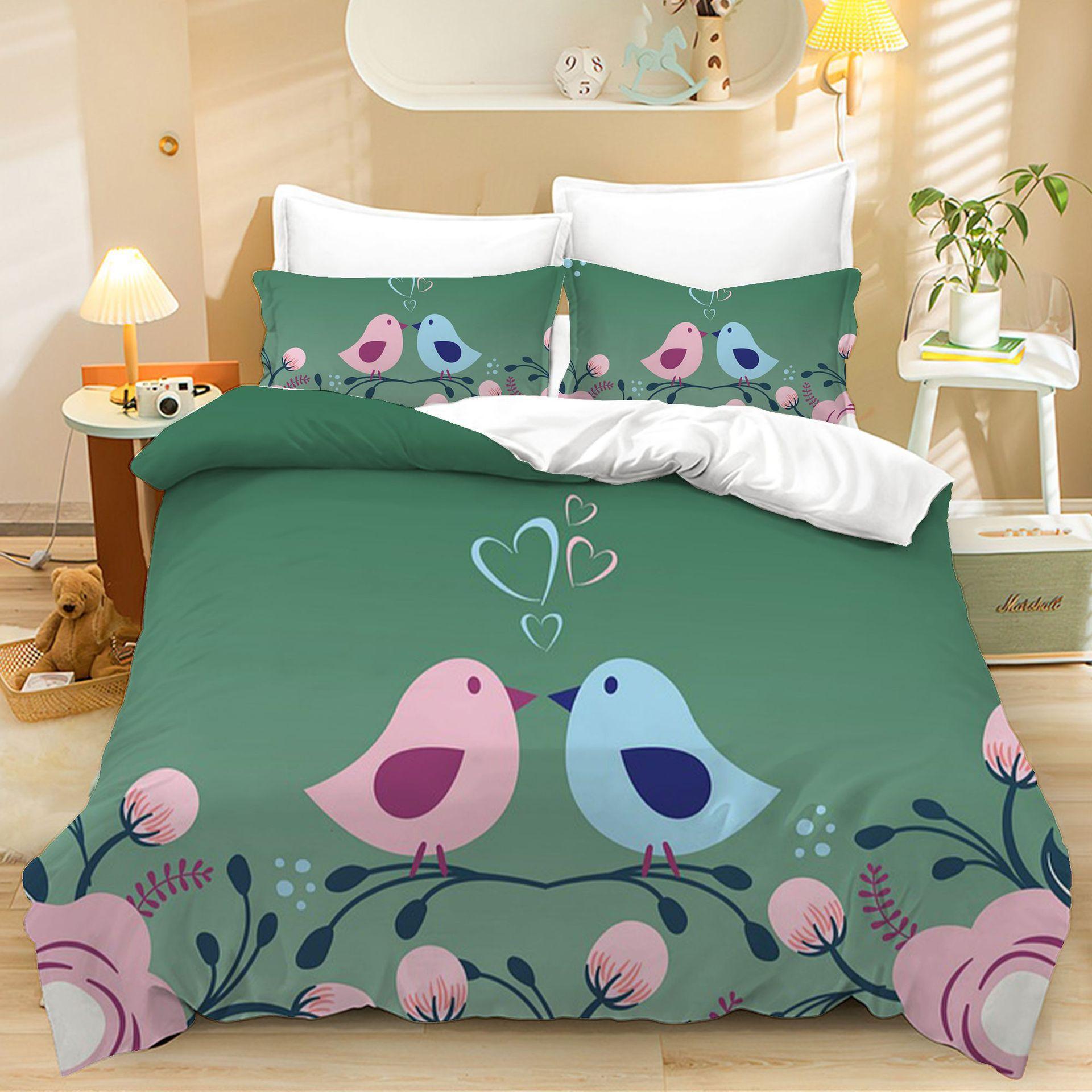 Home Textiles Three-Piece Valentine S Day Bird Cartoon Digital Printing Quilt Pillowcase Bedding 90 * 200 two-piece set
Home Textiles Three-Piece Valentine S Day Bird Cartoon Digital Printing Quilt Pillowcase Bedding 90 * 200 two-piece set