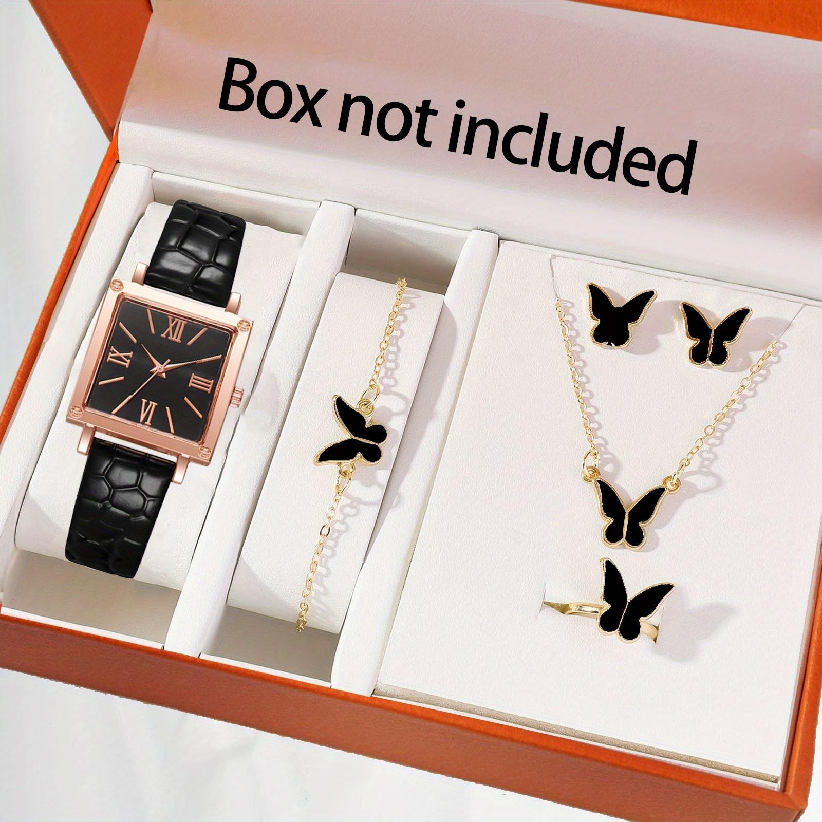 Женские часы с римскими цифрами на циферблате, кварцевые наручные часы с ремешком из ПУ кожи, часы, набор ювелирных изделий с бриллиантами в форме сердца, подарок для нее чёрный