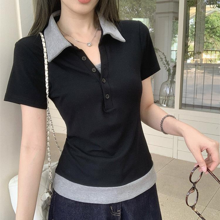 2026 new fake two-piece contrasting color POLO shirt slim and thin Korean design sense niche short-sleeved top women s T-shirt s 40-50kg
2026 new fake two-piece contrasting color POLO shirt slim and thin Korean design sense niche short-sleeved top women s T-shirt s 40-50kg