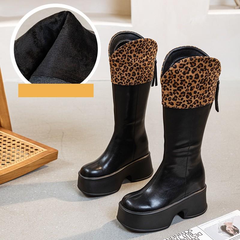 11 см натуральная кожа высокие осенне-зимние теплые плюшевые на молнии леопардовые модные женские ботильоны до колена на платформе танкетке весенние туфли 39