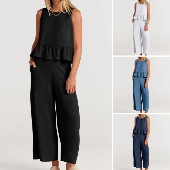 Женский комплект из 2 шт./компл., топ, брюки, однотонный, свободный, с рюшами, с широкими штанинами, без рукавов, охлаждающий, повседневный 2XL небесно-голубой
Женский комплект из 2 шт./компл., топ, брюки, однотонный, свободный, с рюшами, с широкими штанинами, без рукавов, охлаждающий, повседневный 2XL небесно-голубой