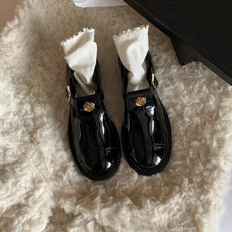 Виноградная мать Studiolee Темперамент Камелия Круглая головка Пряжка С Толстым каблуком Толстая подошва Увеличивающая Туфли Мэри Джейн Кожаные Женские 40 чёрный