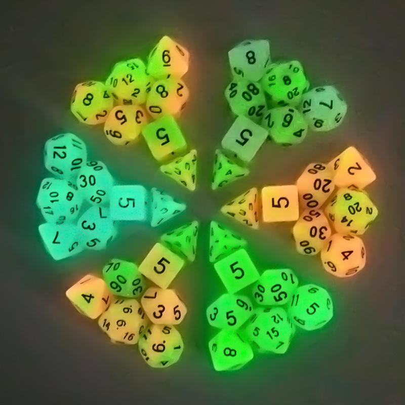 Bi-color Luminous Engraved Resin Dice Set Luminous Light Orange-Green
Bi-color Luminous Engraved Resin Dice Set Luminous Light Orange-Green