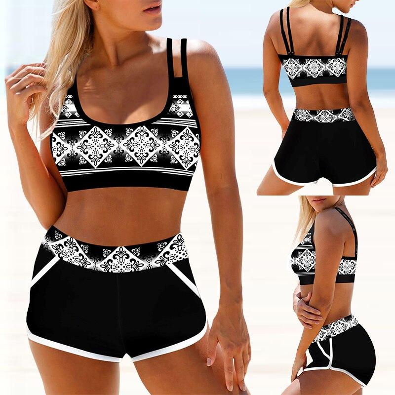 Cheap Plus Size Printed High Waist Two Pieces Bikini Set Swimsuit