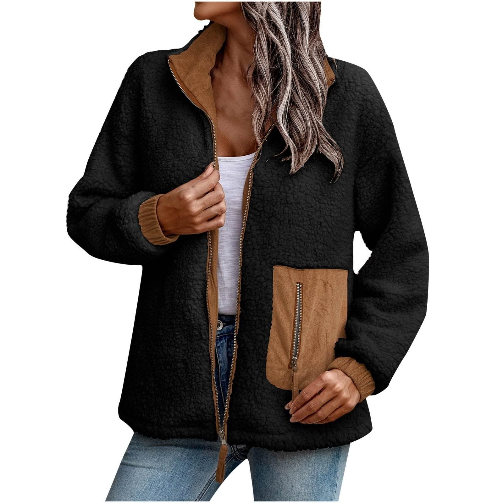 Женские зимние пальто с лацканами, флисовое пальто в стиле пэчворк с карманами, осеннее пальто на молнии с длинными рукавами, повседневное модное теплое верхнее пальто S чёрный