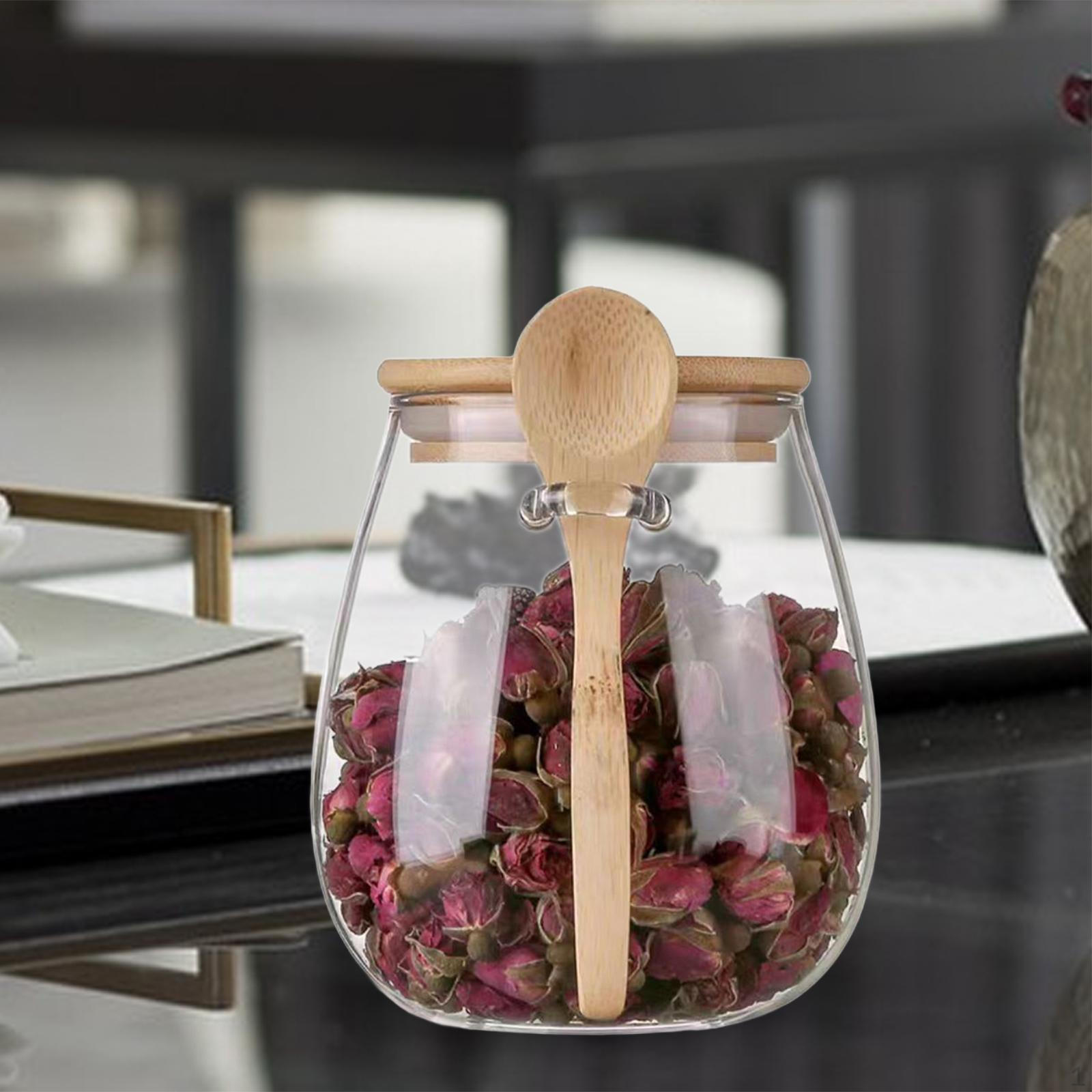Прозрачная стеклянная банка для хранения чая, бутылка для приправы, домашняя с деревянной ложкой для конфет и кофе 600ml