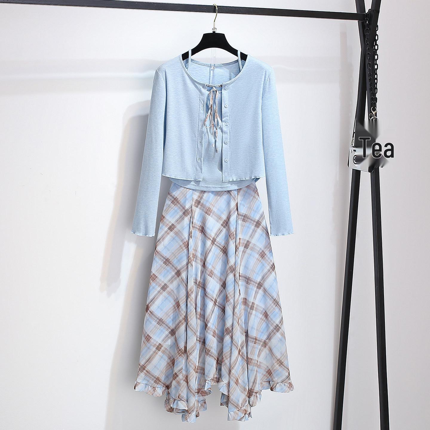 Women s Blue Knit Cardigan and Cami with Irregular Plaid Chiffon Skirt Set - Spring 2026 New Arrival Small
Women s Blue Knit Cardigan and Cami with Irregular Plaid Chiffon Skirt Set - Spring 2026 New Arrival Small