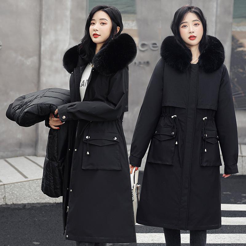 FiveFive Съемная подкладка зимняя женская удлиненная парка пальто тонкая с капюшоном толстая теплая куртка женская зимняя верхняя одежда куртка парки XXL чёрный