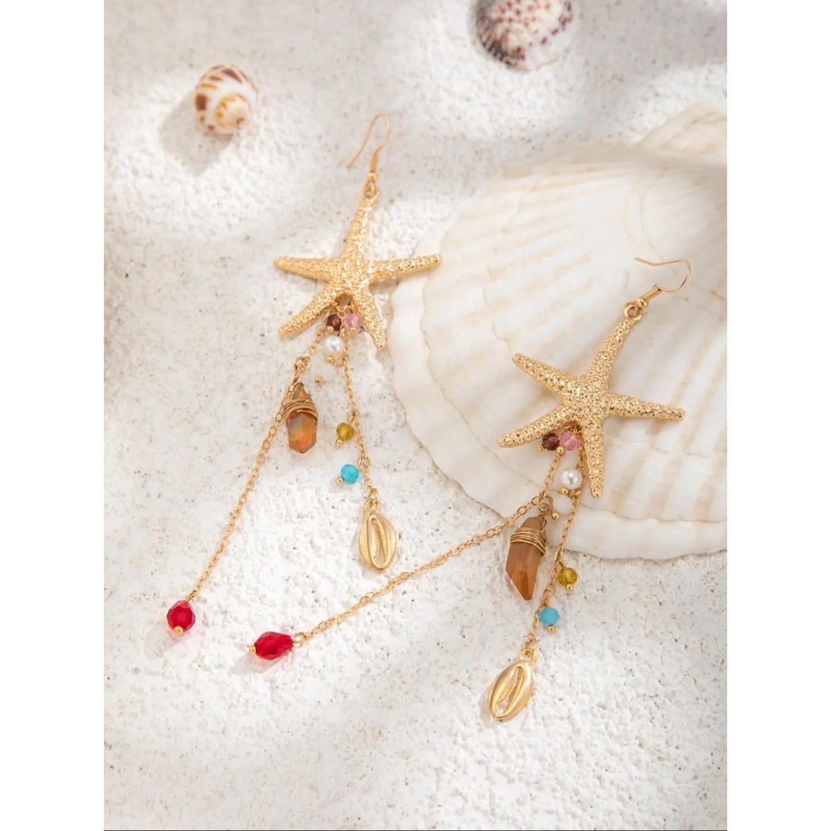 Women s Bohemian-style alloy statement earring set with a nautical starfish and seashell design, perfect for everyday wear
Women s Bohemian-style alloy statement earring set with a nautical starfish and seashell design, perfect for everyday wear