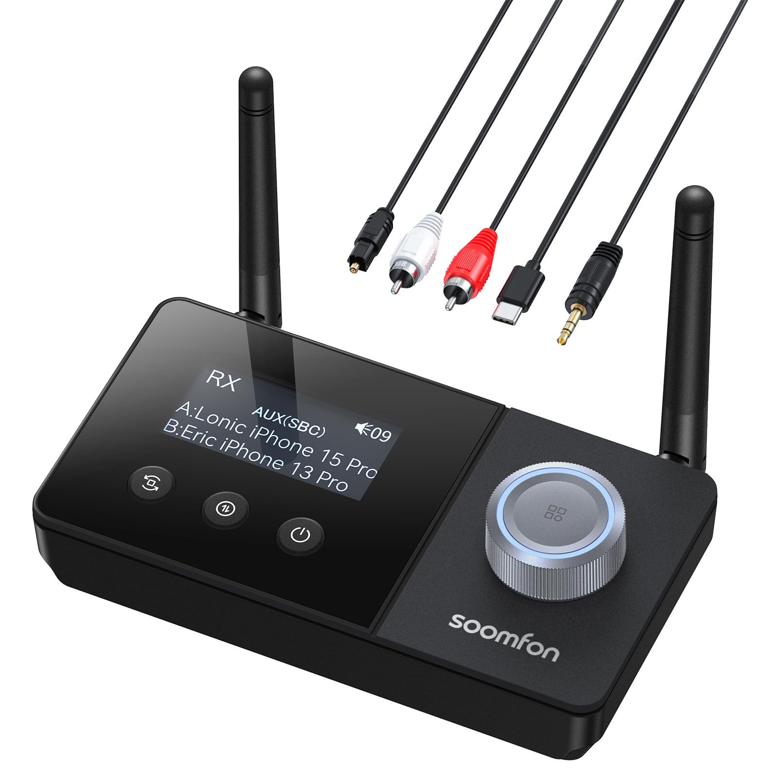Bluetooth transmitter receiver SBC AAC compatible SOOMFON Bluetooth transmitter receiver BYPASS Aux RCA light Digital connection Screen display
Bluetooth transmitter receiver SBC AAC compatible SOOMFON Bluetooth transmitter receiver BYPASS Aux RCA light Digital connection Screen display