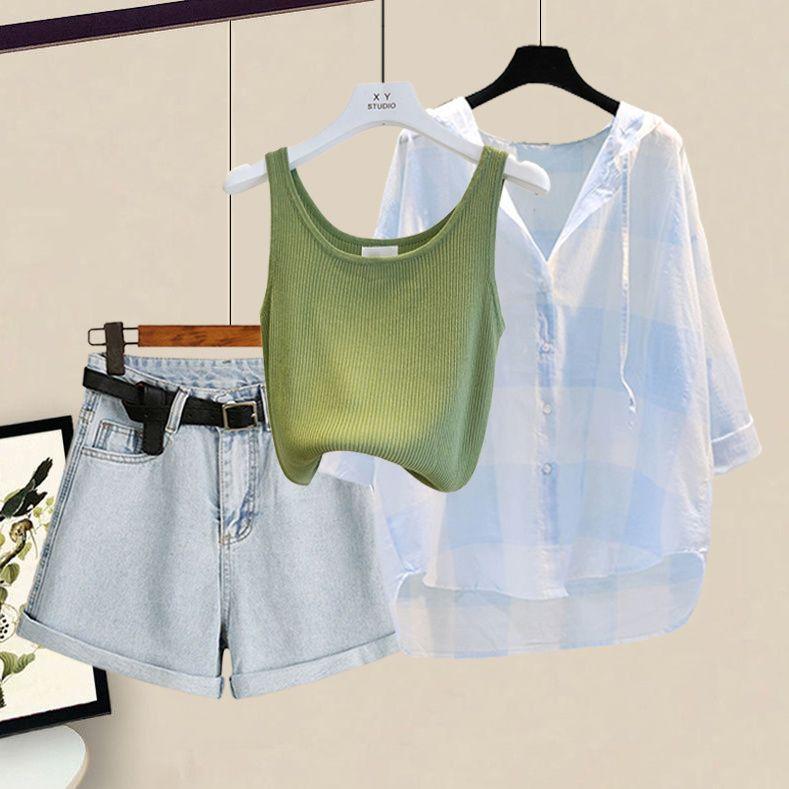 Women s Summer in Matching Set Korean Elegant Casual Sunscreen Shirt+Knitted Tank Top+Denim Shorts Three Piece Female Suit 4XL
Women s Summer in Matching Set Korean Elegant Casual Sunscreen Shirt+Knitted Tank Top+Denim Shorts Three Piece Female Suit 4XL