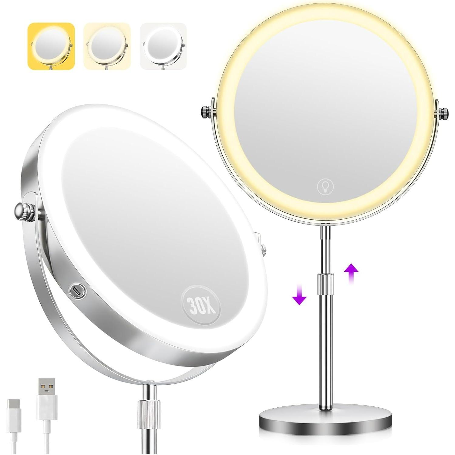 1X/30X Makeup Mirror with Lights, Brightness Adjustable with 3 Colors, Double Sided Magnifying Mirror with 360° Rotation, Lighted Makeup Mirro серебряный
1X/30X Makeup Mirror with Lights, Brightness Adjustable with 3 Colors, Double Sided Magnifying Mirror with 360° Rotation, Lighted Makeup Mirro серебряный