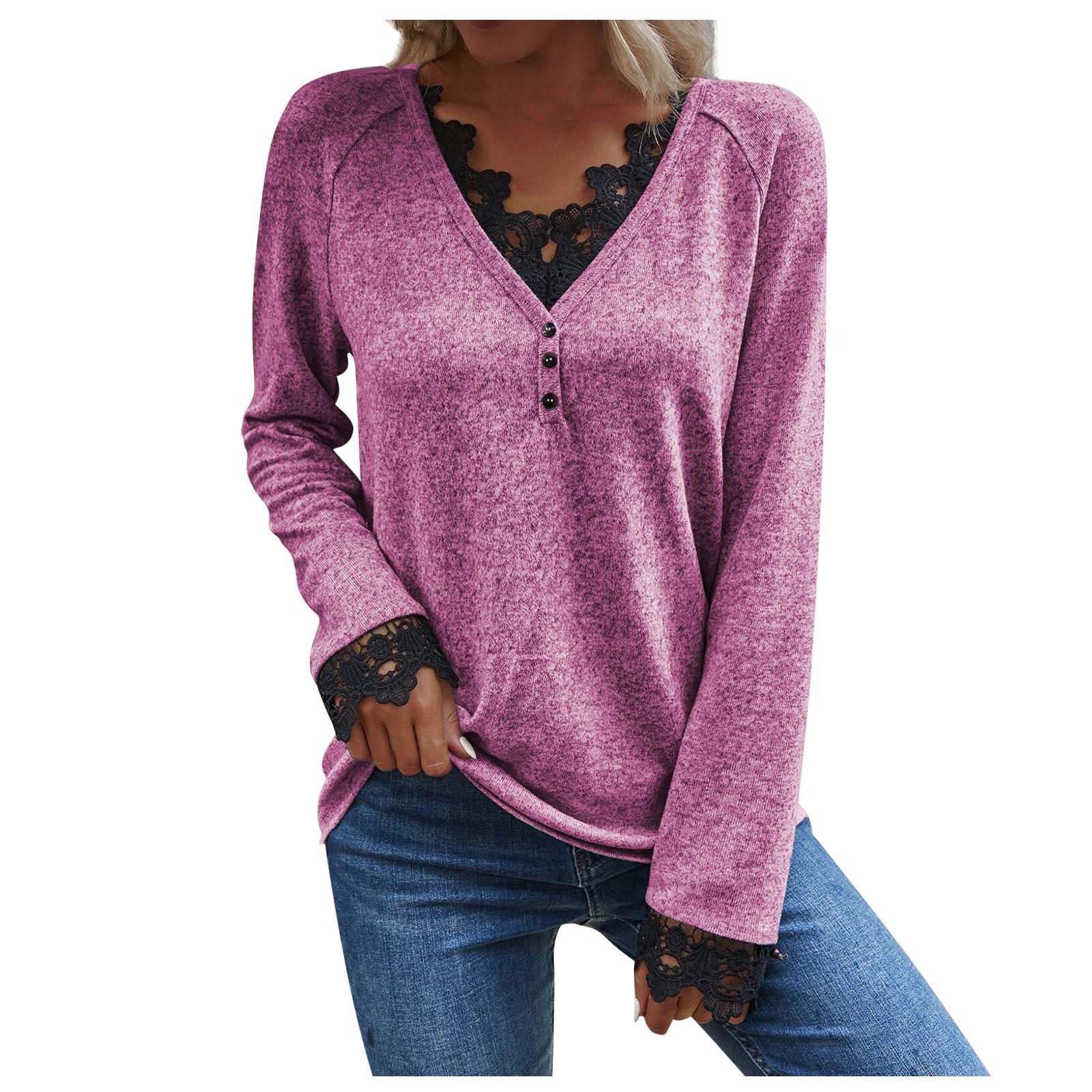 (SU)Женская повседневная однотонная кружевная лоскутная футболка с v-образным вырезом и длинным рукавом
(SU)Женская повседневная однотонная кружевная лоскутная футболка с v-образным вырезом и длинным рукавом