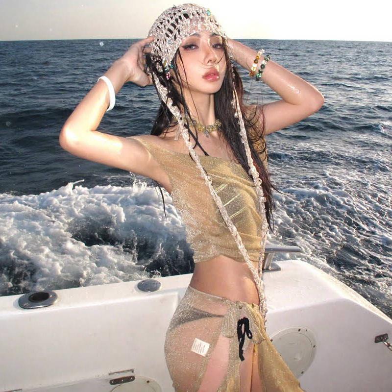 Gold Glitter Mesh See-Through Bikini Cover-Up: Sexy Spaghetti Strap Long Dress, Slimming Three-Piece Swimsuit Set for Spring Vacation. Medium
Gold Glitter Mesh See-Through Bikini Cover-Up: Sexy Spaghetti Strap Long Dress, Slimming Three-Piece Swimsuit Set for Spring Vacation. Medium