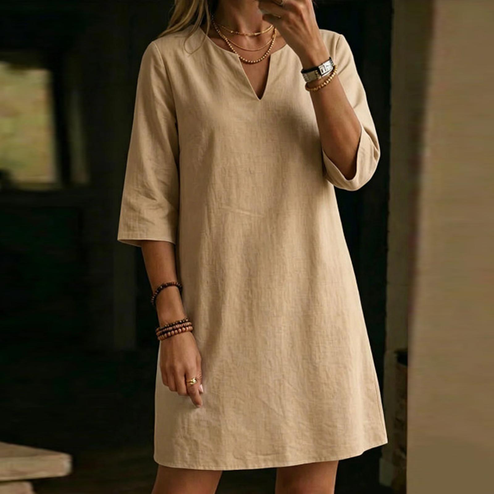Women V Neck Three Quarter Sleeve Vintage Style Cotton Linen Dress Loose Fit Simple Mid Length Tunic Dress for Daily Wear L хаки
Women V Neck Three Quarter Sleeve Vintage Style Cotton Linen Dress Loose Fit Simple Mid Length Tunic Dress for Daily Wear L хаки