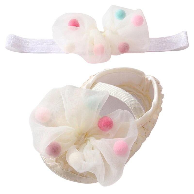 Обувь принцессы из сетчатой пряжи с бантом для маленьких девочек, прогулочная обувь на мягкой подошве для малышей, комплект с повязкой на голову 11-S