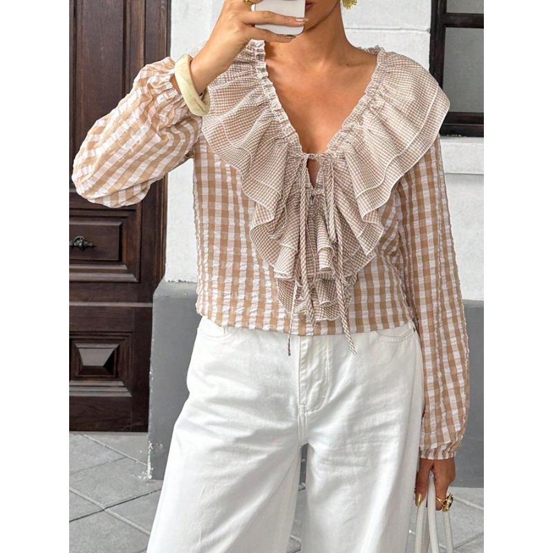 Retro Commuter Fashion Plaid Ruffle Lace-up Shirt for Women Tops S хакі
Retro Commuter Fashion Plaid Ruffle Lace-up Shirt for Women Tops S хакі