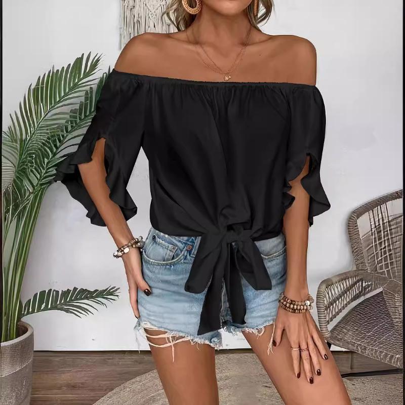 European and American women s one neck off shoulder flared sleeve seven quarter sleeve casual lace up bow loose top S
European and American women s one neck off shoulder flared sleeve seven quarter sleeve casual lace up bow loose top S
