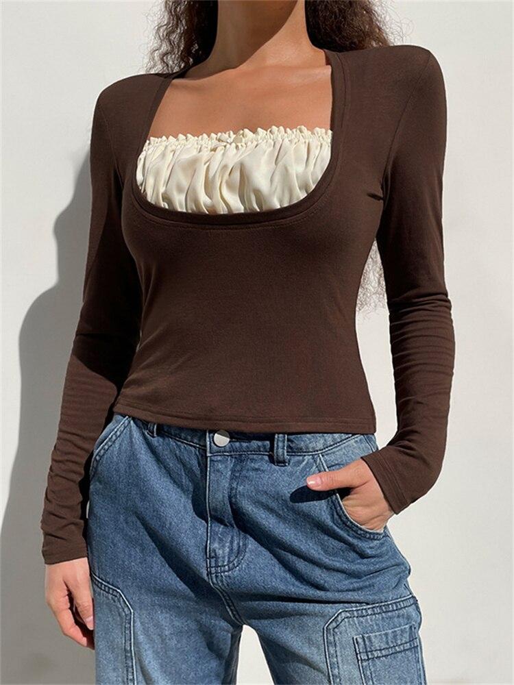 Новинка 2022 года, женская футболка из двух предметов с длинными рукавами и черной талией, топ с квадратным воротником, повседневные топы для женщин, новинка 2022 года L коричневый