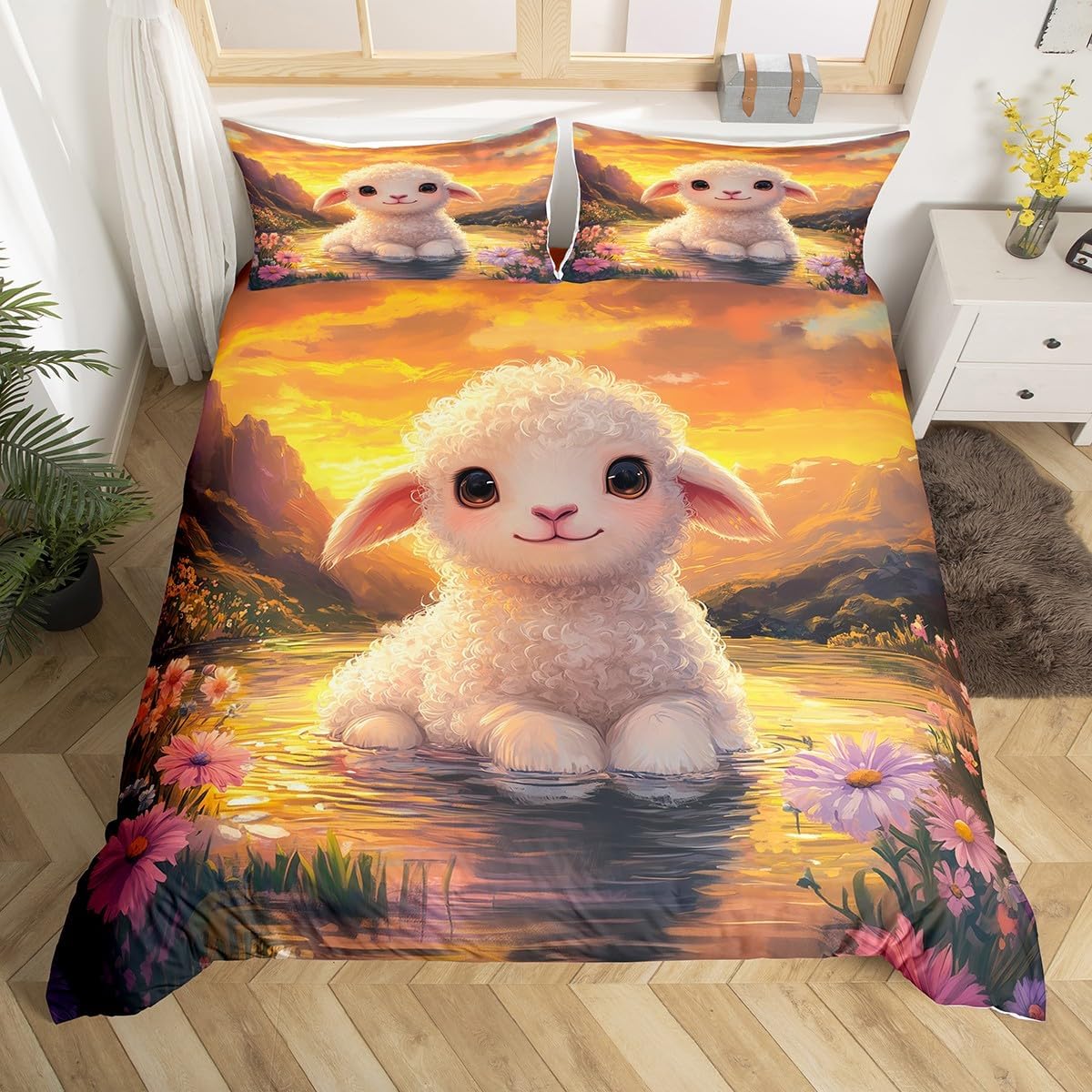 Новый милый пододеяльник с фермерскими животными размера кинг, мультяшный пододеяльник с овечками для детей, мальчиков, девочек, подростков, милый животный комплект постельного белья, набор из 3 предметов EU Twin 135x200cm