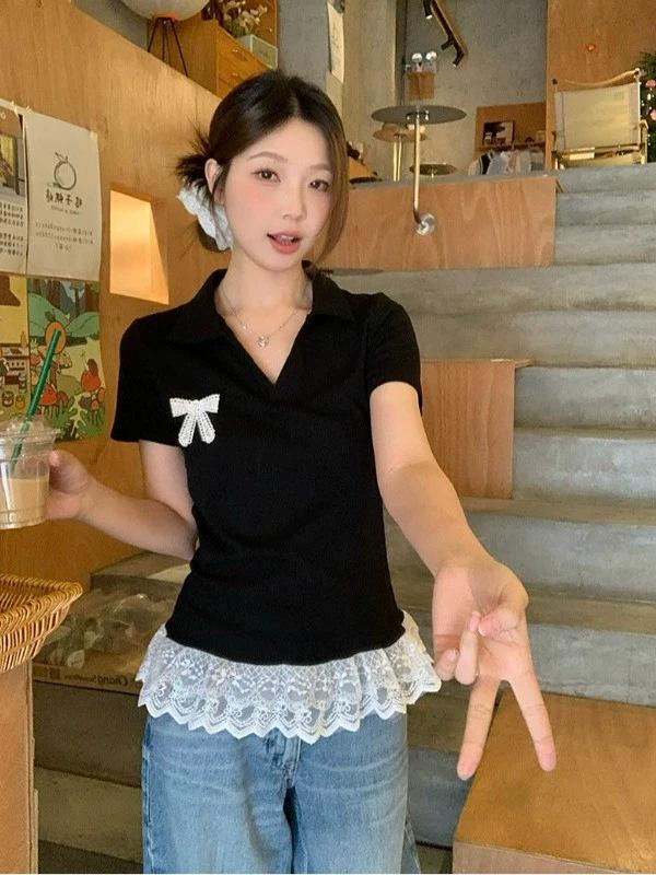 Женская летняя футболка-поло в стиле ретро со сладким бантом и кружевом 4XL чёрный
Женская летняя футболка-поло в стиле ретро со сладким бантом и кружевом 4XL чёрный