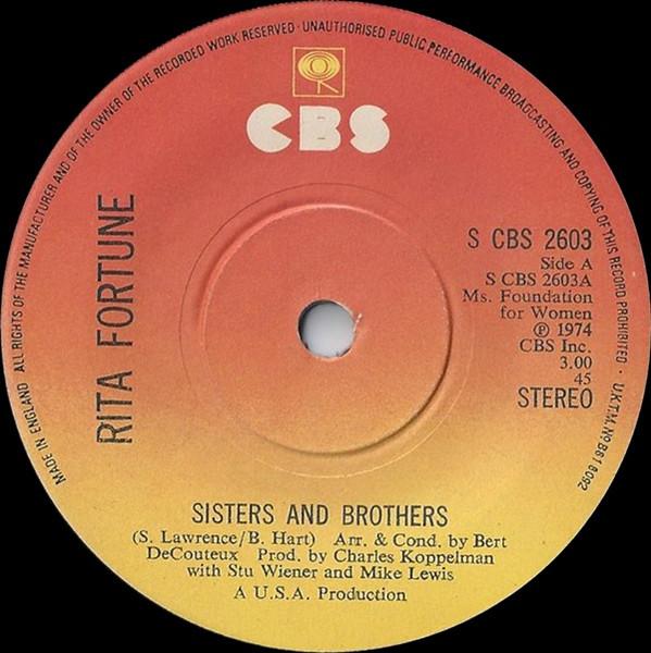 7inch Record RITA FORTUNE Sisters And Brothers SCBS2603 CBS 1974 UK SoulFunk Used
7inch Record RITA FORTUNE Sisters And Brothers SCBS2603 CBS 1974 UK SoulFunk Used