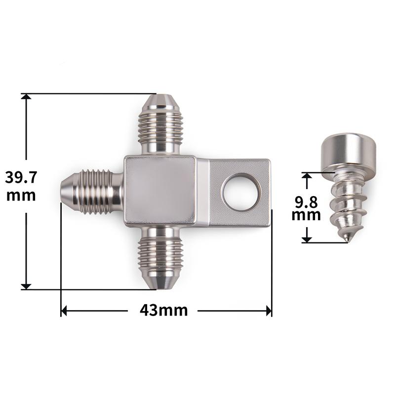 AN3 Male Tee Brake Line Hose Fitting to AN3 Three-Way with Self-Tapping Screw, Stainless Steel Titanium Color срібний
AN3 Male Tee Brake Line Hose Fitting to AN3 Three-Way with Self-Tapping Screw, Stainless Steel Titanium Color срібний