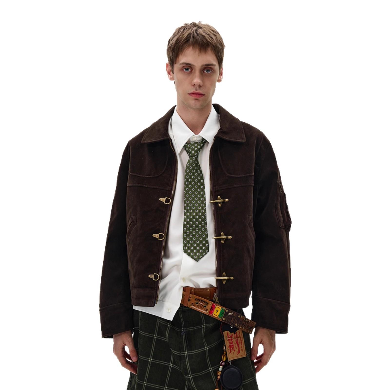 Осень и зима новая темно-коричневая американская ретро короткая куртка мужская хулиганская красивая с отворотами на плечах спереди состаренная с лацканами на пуговицах 3XL коричневый