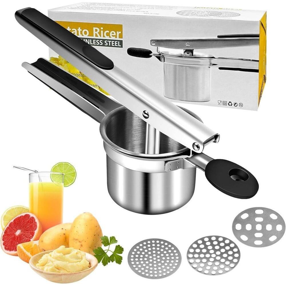 Инструменты из нержавеющей стали используются для пюрирования картофеля, включая три насадки для измельчения фруктов и приготовления спагетти-слайсов. 1
Инструменты из нержавеющей стали используются для пюрирования картофеля, включая три насадки для измельчения фруктов и приготовления спагетти-слайсов. 1