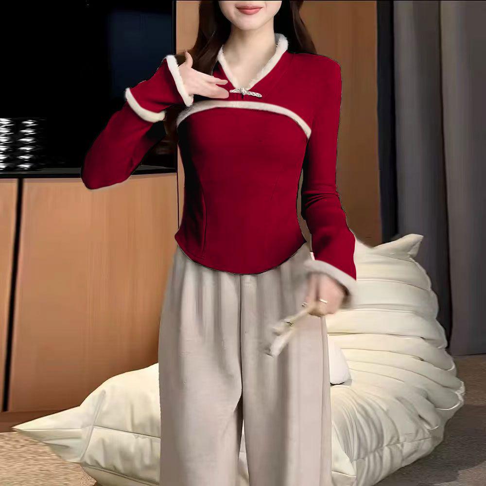 Women s Slim Fit Stand Collar Long Sleeve T-Shirt with Warm Lamb Cashmere and Velvet, Chinese Style. Large
Women s Slim Fit Stand Collar Long Sleeve T-Shirt with Warm Lamb Cashmere and Velvet, Chinese Style. Large