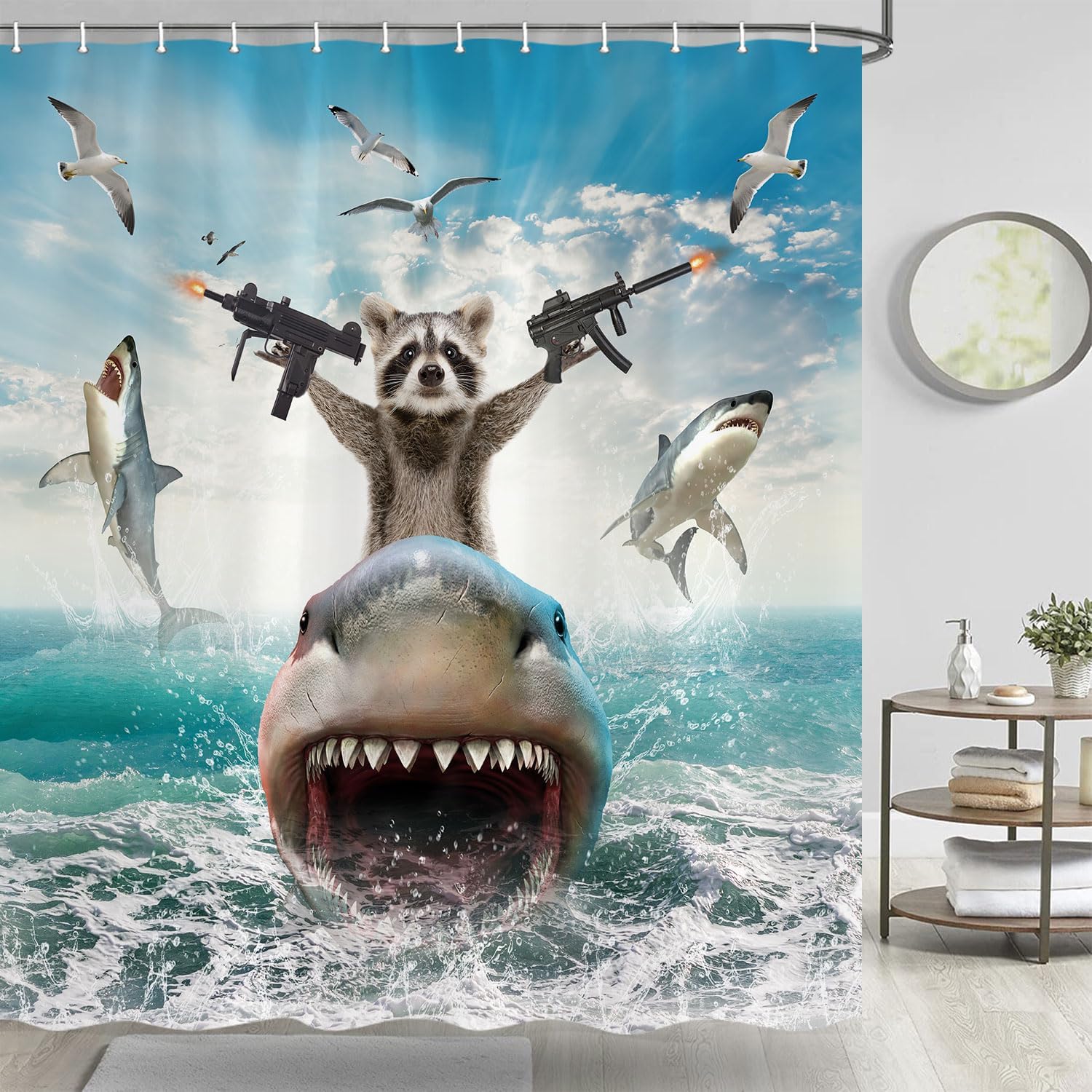 Funny Animal Shower Curtain, Cool Raccoon Riding Shark Theme Ocean Shower Curtain For Bathroom, Fun Nautical Kids Children Fabri 90x180cm
Funny Animal Shower Curtain, Cool Raccoon Riding Shark Theme Ocean Shower Curtain For Bathroom, Fun Nautical Kids Children Fabri 90x180cm